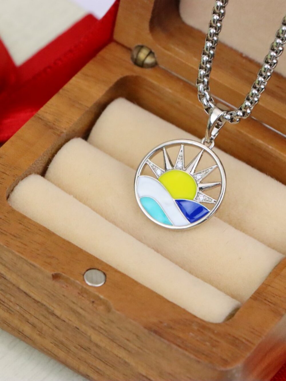 Round Silver Pendant with Colorful Sun and Wave Enamel Design, XPPT1867 - Picture 11 of 11
